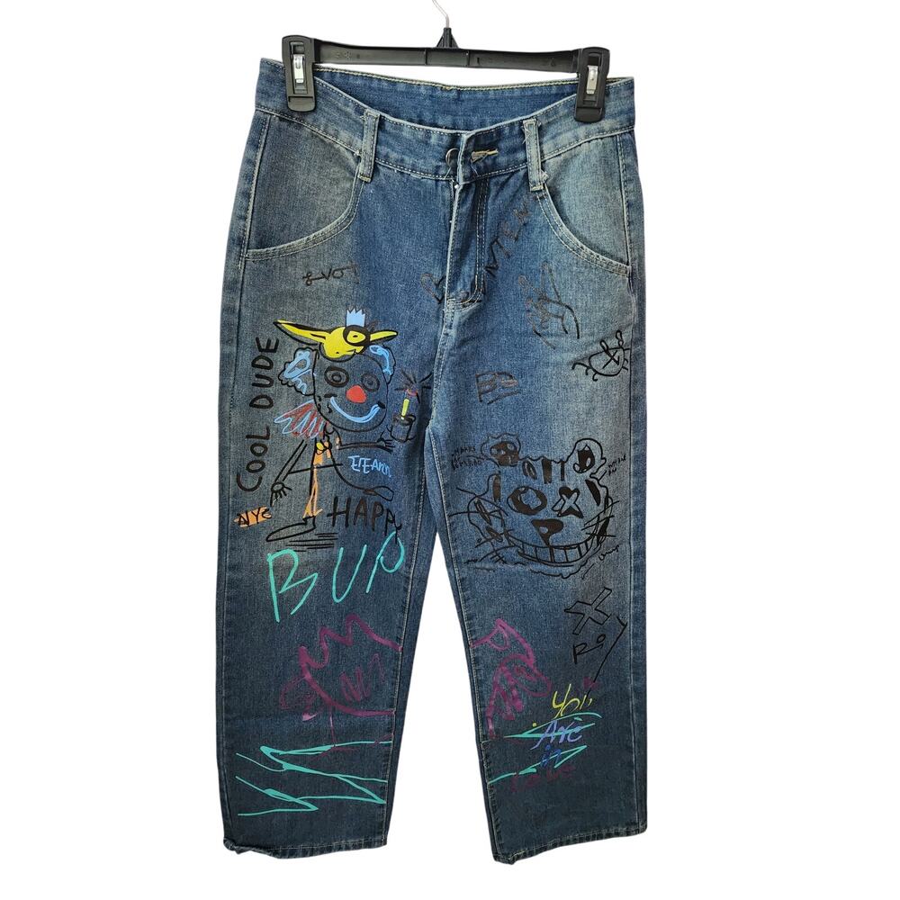 Y2K Vintage‎ Jeans Mens Large Graffiti Printed HIp Hop